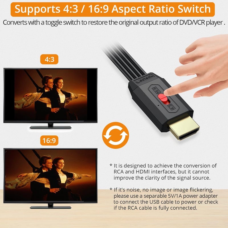 Neoteck محول RCA إلى HDMI بطول 150 سم/5 أقدام كابل AV إلى HDMI يدعم تحويل 16:9/4:3 كابل AV مدمج لأفلام قديمة أو مقاطع فيديو حية توصيل وتشغيل مستخدم على نطاق واسع في مشغل DVD VCR - إدخال RCA ذكر - Image 3